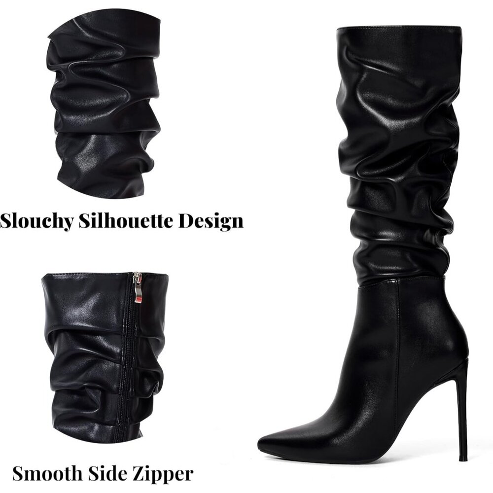 Women's Black-Pu Suede Knee High Side Zipper Pointed Toe Stylish Dress Boot - Picture 3 of 6